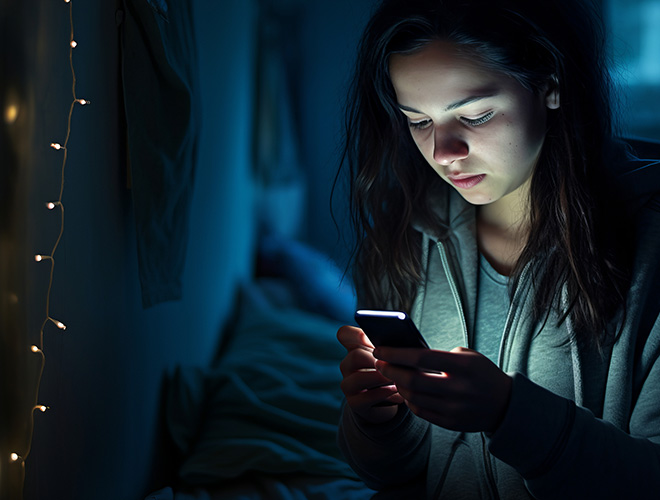 teenage female using her phone in a dark bedroom showing signs of being addicted to social media